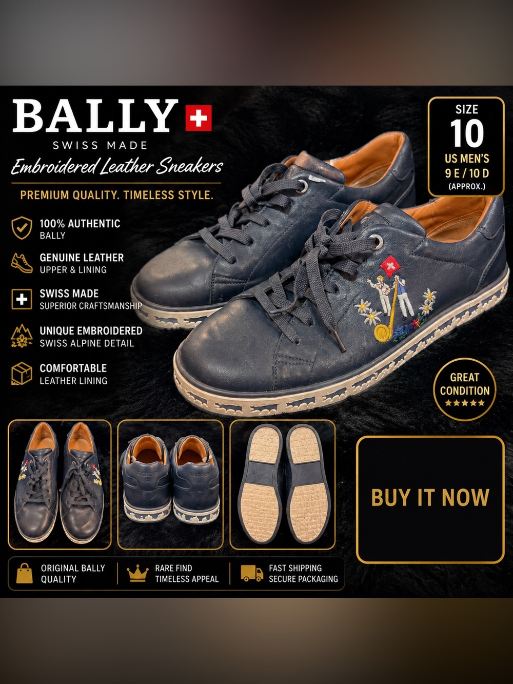 Bally Men’s Embroidered Leather Sneakers Navy Size 10 Swiss Alpine